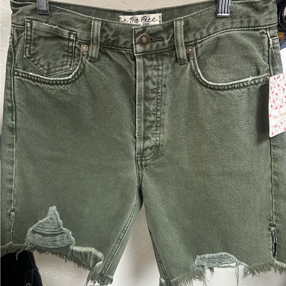 Free People Olive Distressed Jean Shorts
